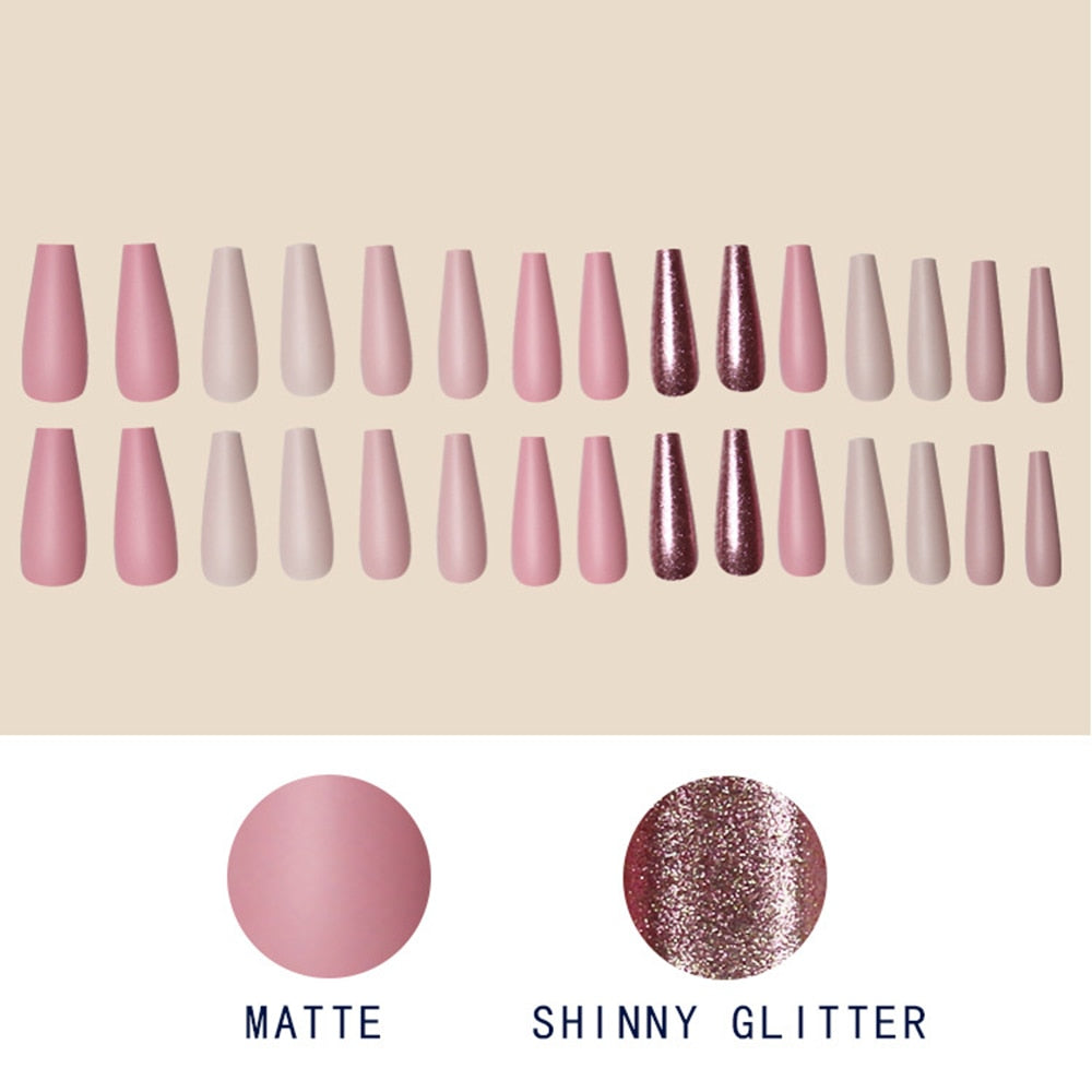 24/30Pcs Pink Leopard Designs False Nails French Long Coffin Fake Nail Artificial Full Cover Nail Art Tips Press on Nail