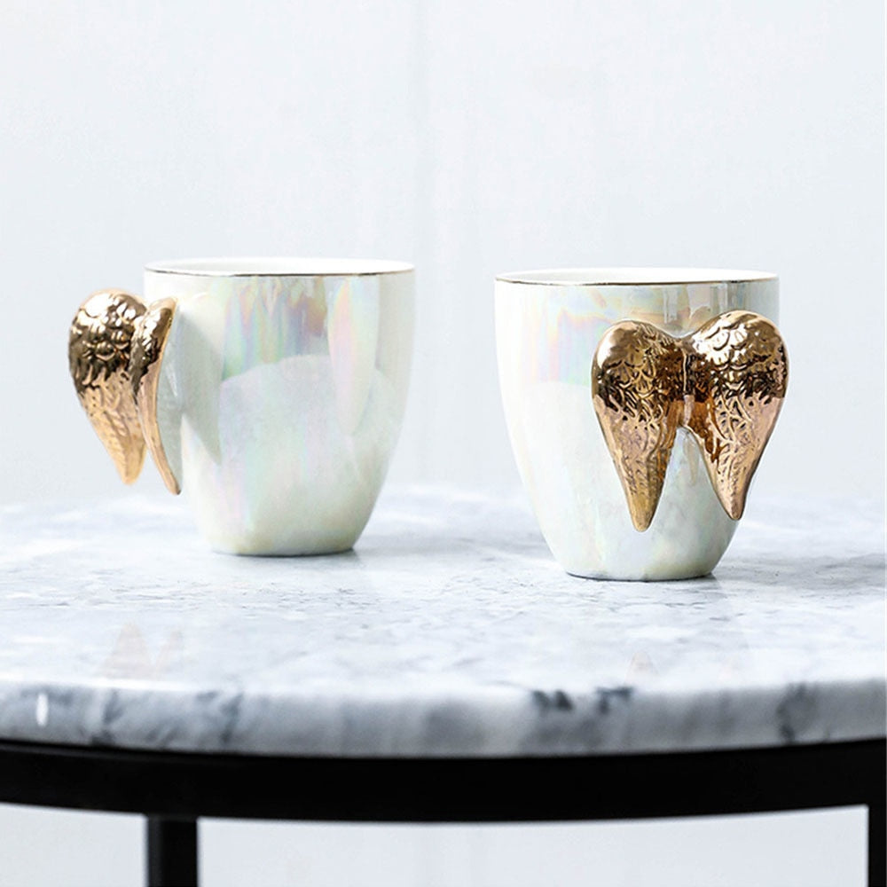 Luxury Ceramic Cup With Angel Wings Handle Gold Plated Creative Cup Coffee Breakfast Milk Drink Tea Mug 1pc