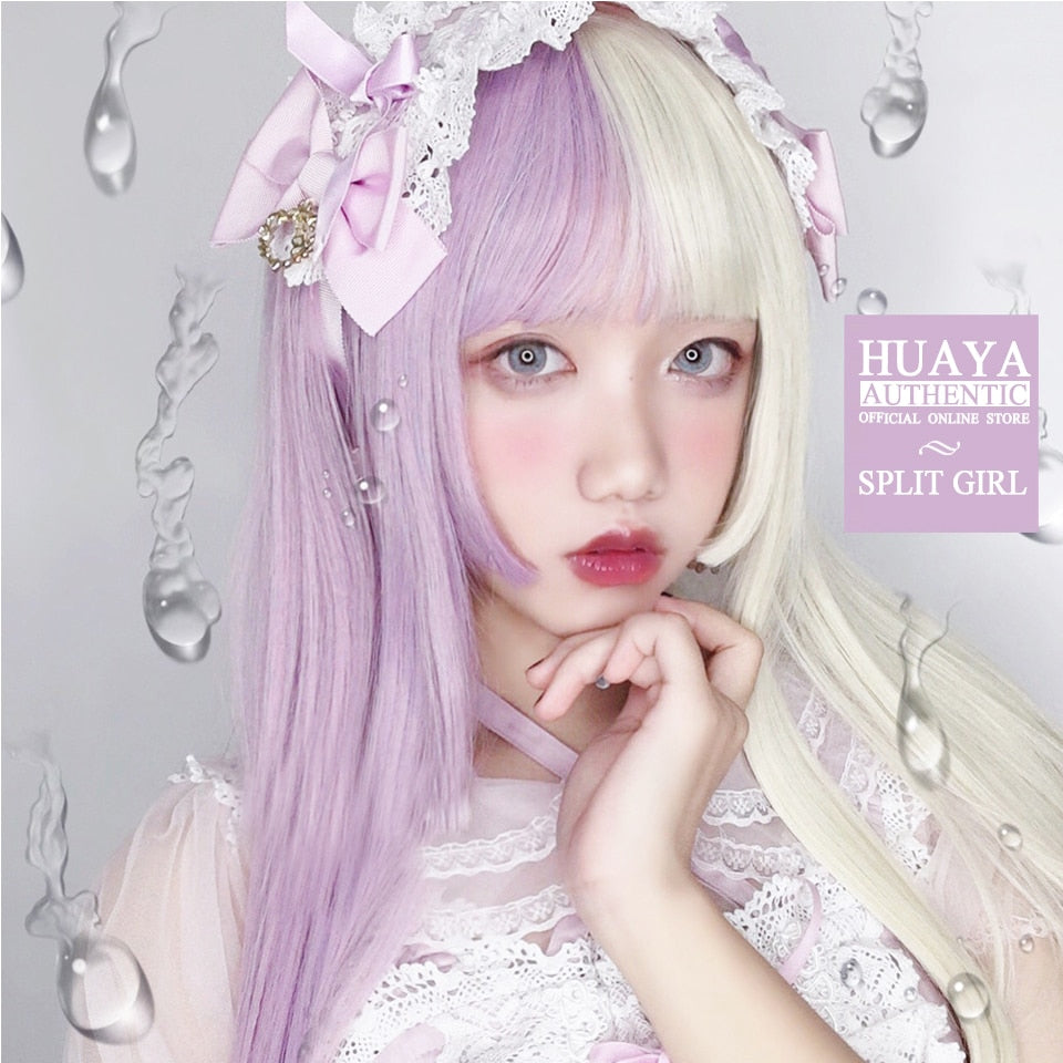 Long Straight Wig with Bangs Purple-White Heat Resistant Synthetic Hair Wigs for African American Girl Lolita Cosplay Wig