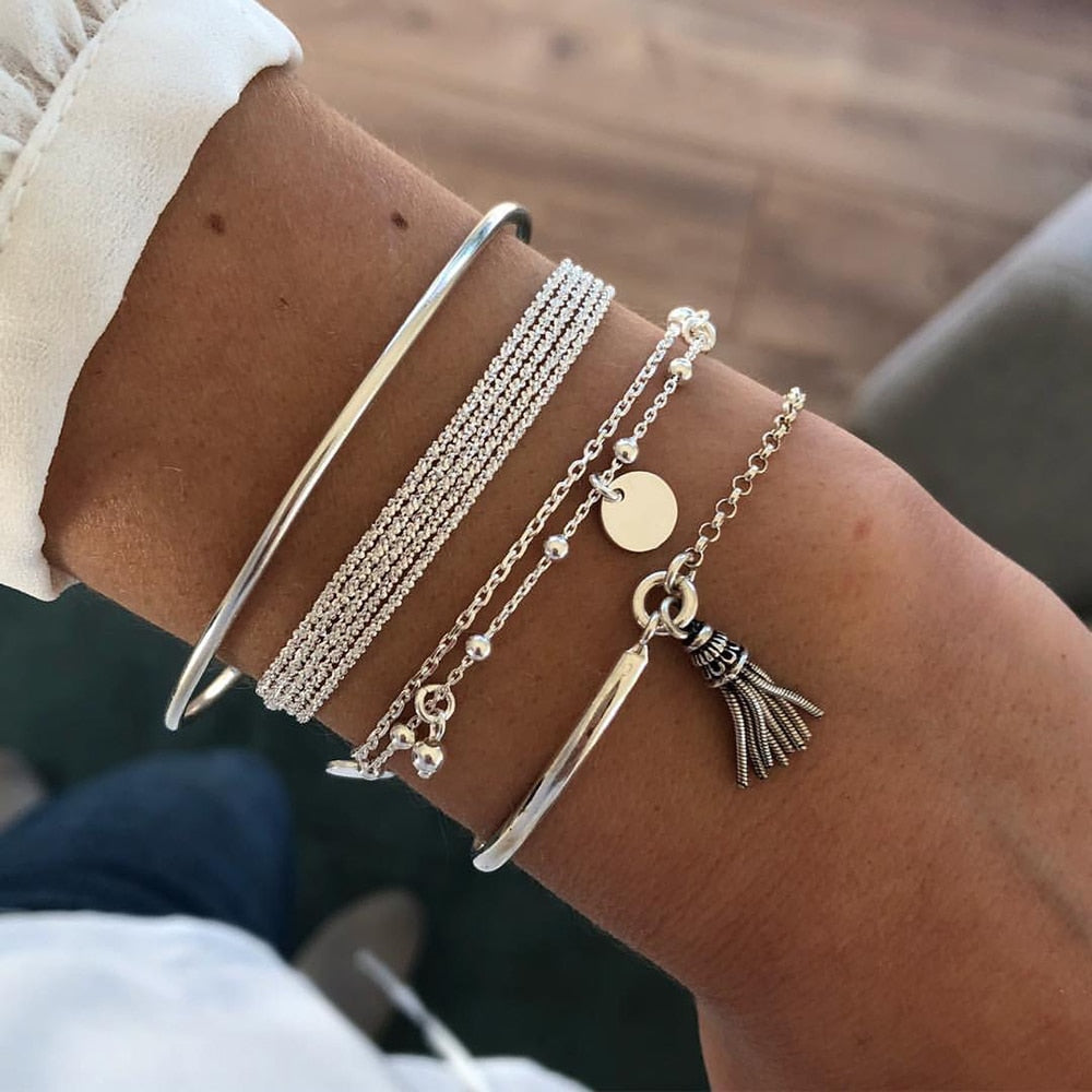 4Pcs/Set Geometric Crystal Charm Bracelets for Women Leaf Bangles Bracelets Set Wrist Chain Boho Bracelet