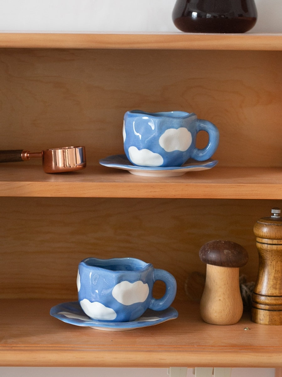Japanese Hand Painted The Blue Sky and White Clouds Coffee Cup With Saucer Ceramic Handmade Tea Cup Saucer Set Cute Gift For Her