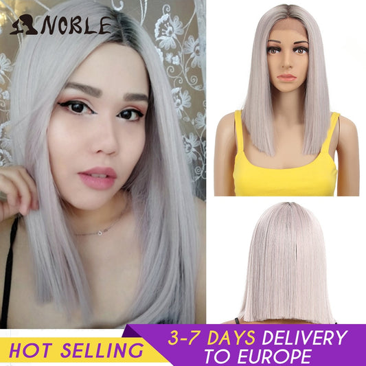 Noble Cosplay Synthetic Lace Wig Short Bob Straight 14 Inch Pink  Ombre Blonde Wigs Synthetic Lace Wigs