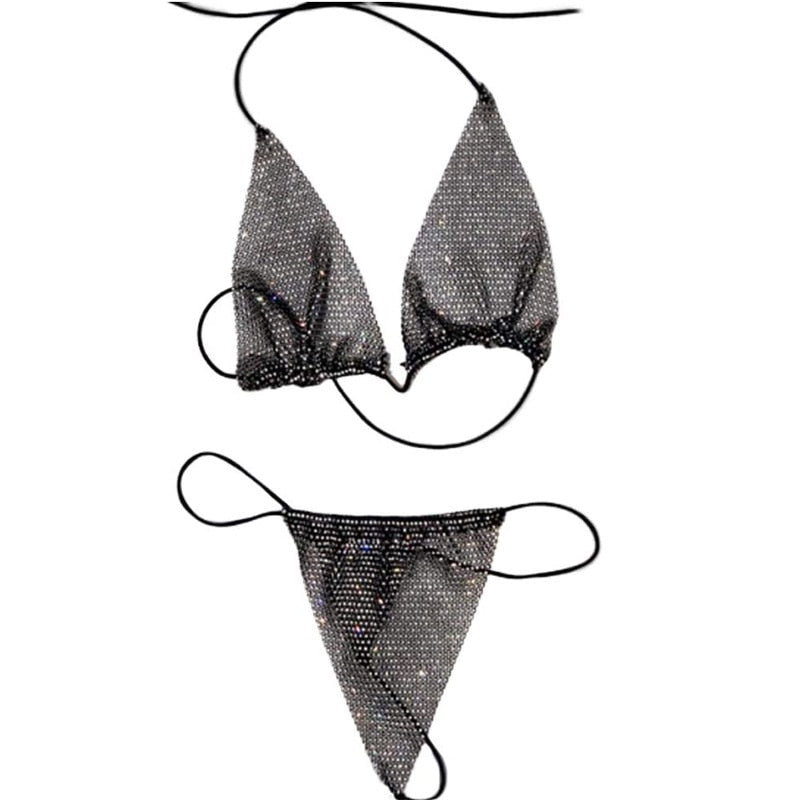 Bling Rhinestones Fishnet Bikini Women Halter Bra Sexy Panty 2 Piece Outfits Lady Lingerie Set Sexy Swimwear Women