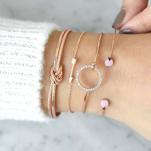 4Pcs/Set Geometric Crystal Charm Bracelets for Women Leaf Bangles Bracelets Set Wrist Chain Boho Bracelet
