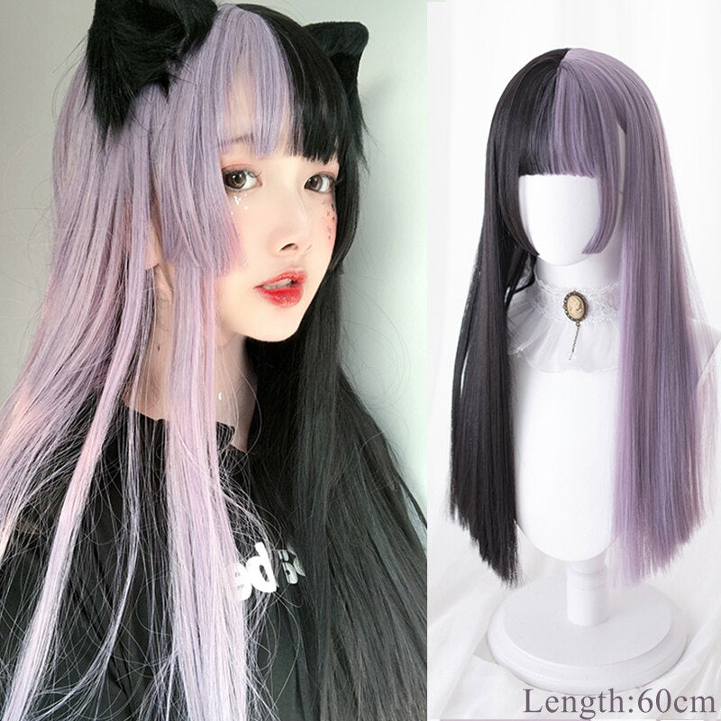 Synthetic Hair Black and Pink Wig Long Straight Hair Cosplay Lolita Wig Two Tone Ombre Color Women Heat Resistant Wigs
