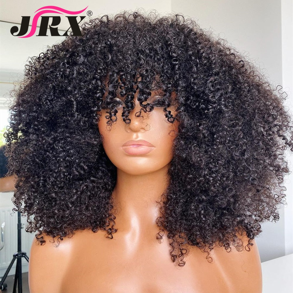 Afro Curly Human Hair Wigs With Bangs Full Machine Made Wig Brazilian Remy Hair Fringe Wig Natural Black Color