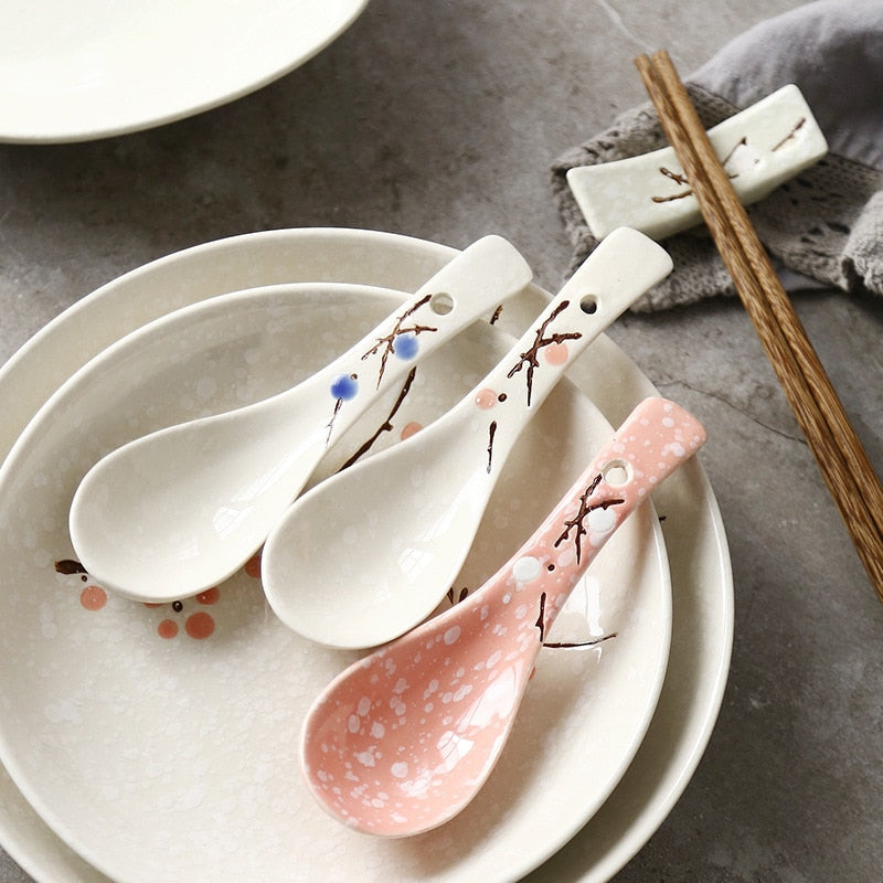 Japanese Ceramic Spoon Handpainting Porcelain Soup Spoon Kitchen Cooking Utensil Tool Tableware