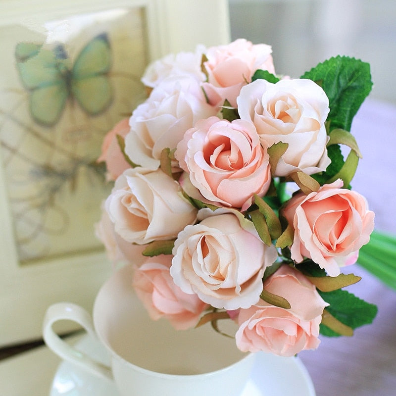 12 Heads/Bundle Artificial Rose Flowers Bride Bouquet Wedding Decorative Vase for Home Decoration Party Supplies Flores