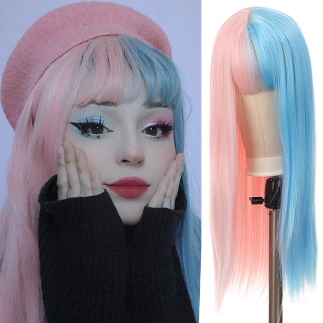 Synthetic Hair Black and Pink Wig Long Straight Hair Cosplay Lolita Wig Two Tone Ombre Color Women Heat Resistant Wigs