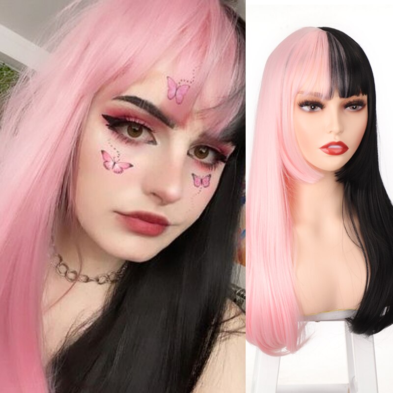 Synthetic Hair Black and Pink Wig Long Straight Hair Cosplay Lolita Wig Two Tone Ombre Color Women Heat Resistant Wigs