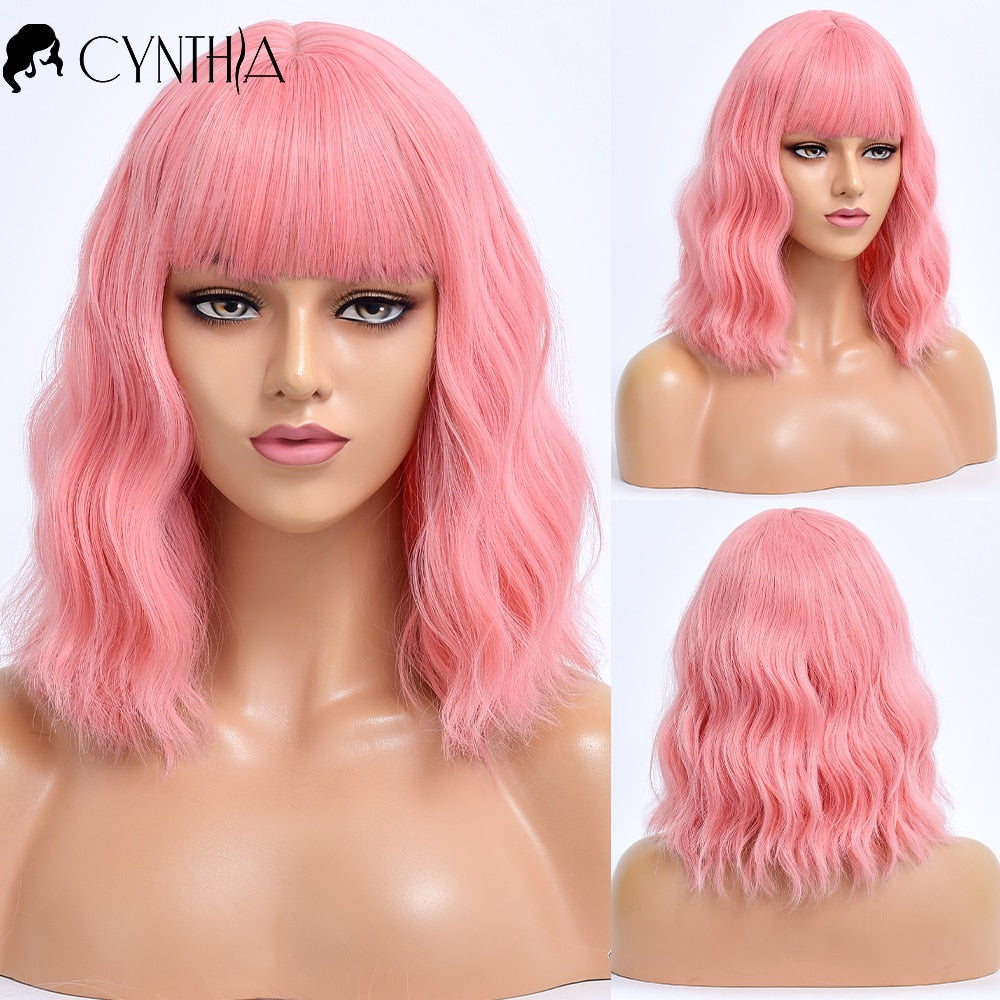 Purple Ombre Short Bob Body Wave Synthetic Wigs For Women Cosplay Wig With Bangs White Synthet Natural Hair Lolita Pelucas