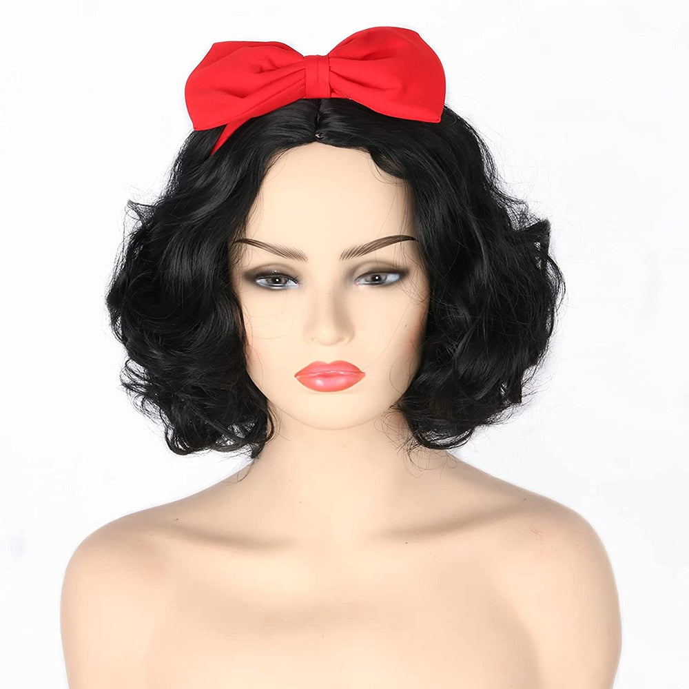 Black Short Curly Cosplay Synthetic Wig Snow White Princess Halloween Costume Party Wig + Headband Red Bow + Wig Cap