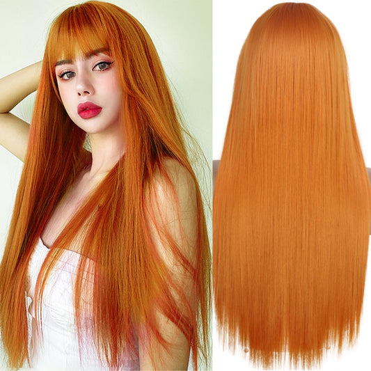 Synthetic Orange Long Straight Wig With Bangs Cosplay Synthetic Hair Wigs For Woman Heat Resistant Fiber Hair Wigs
