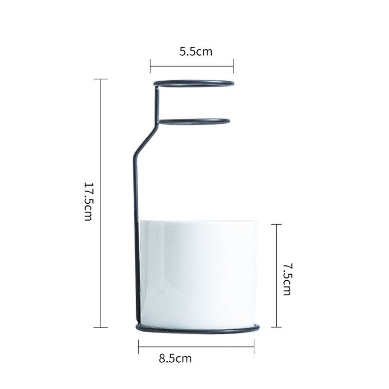 Nordic Minimalist Ceramic Flower Vase with Iron Holder Hydroponic Pot Modern Dried Flowers Container Planter Home Decoration