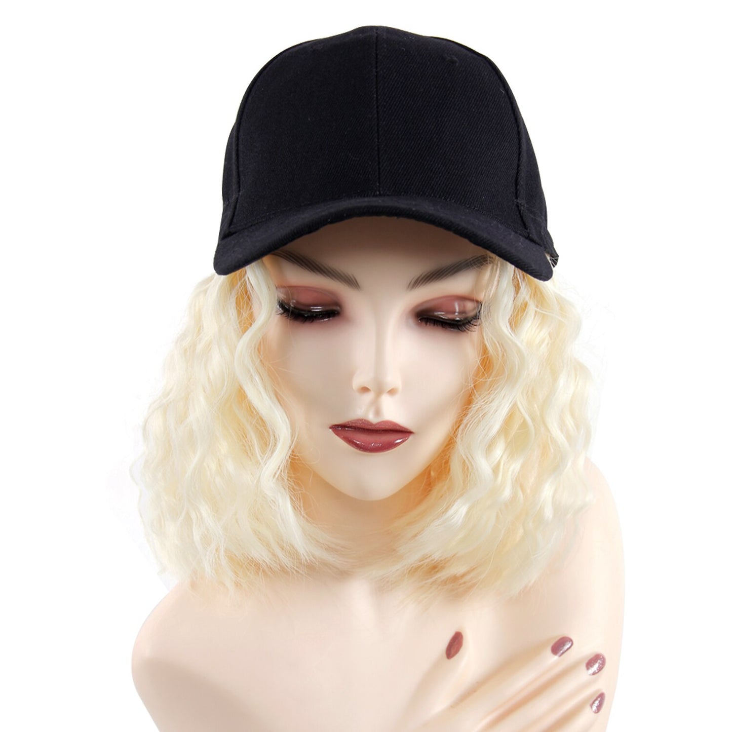 Baseball Cap Short Wigs Heat Resistant Fiber Black Hair Wig With Hat Peruca Synthetic Bob Wig Curly Wig