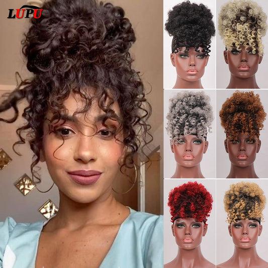 Synthetic Fake Hair Bun Hairpiece Hair Afro Chignon Scrunchies With Bangs Drawstring Ponytail For Women