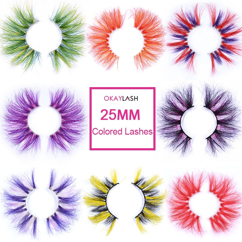 25mm Long Purple and Pink Color Real Mink Cosmetic Fake Colored Eyelash Party Cosplay Halloween Makeup Strip Eye lashes