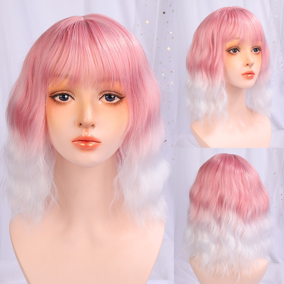 Synthetic Wigs For Women Daily Cosplay Long Water Wave  Lolita Wig With Bangs Cold Brown Heat Resistant Hair Bob Wig