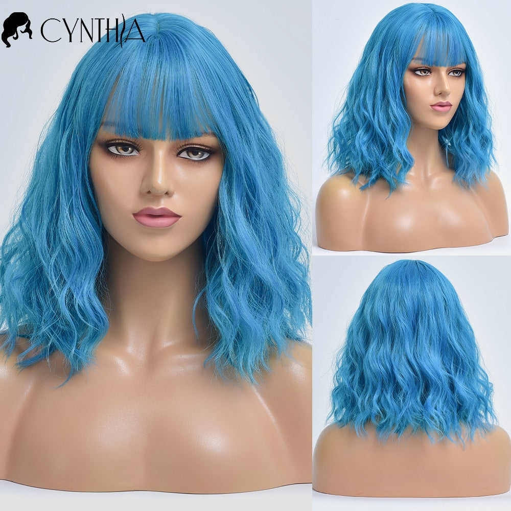 Purple Ombre Short Bob Body Wave Synthetic Wigs For Women Cosplay Wig With Bangs White Synthet Natural Hair Lolita Pelucas