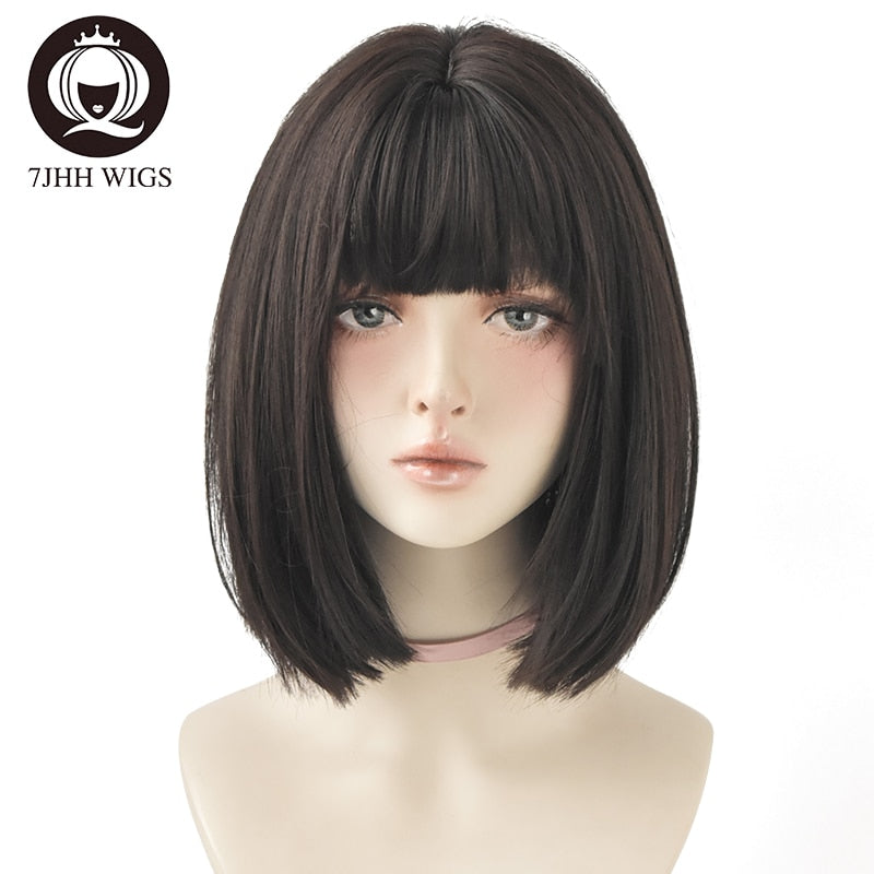 WIGS Black Short Bob Wig for Girl Daily Wear Synthetic Wig Natural Supple Summer Heat resistant Wig With Bangs