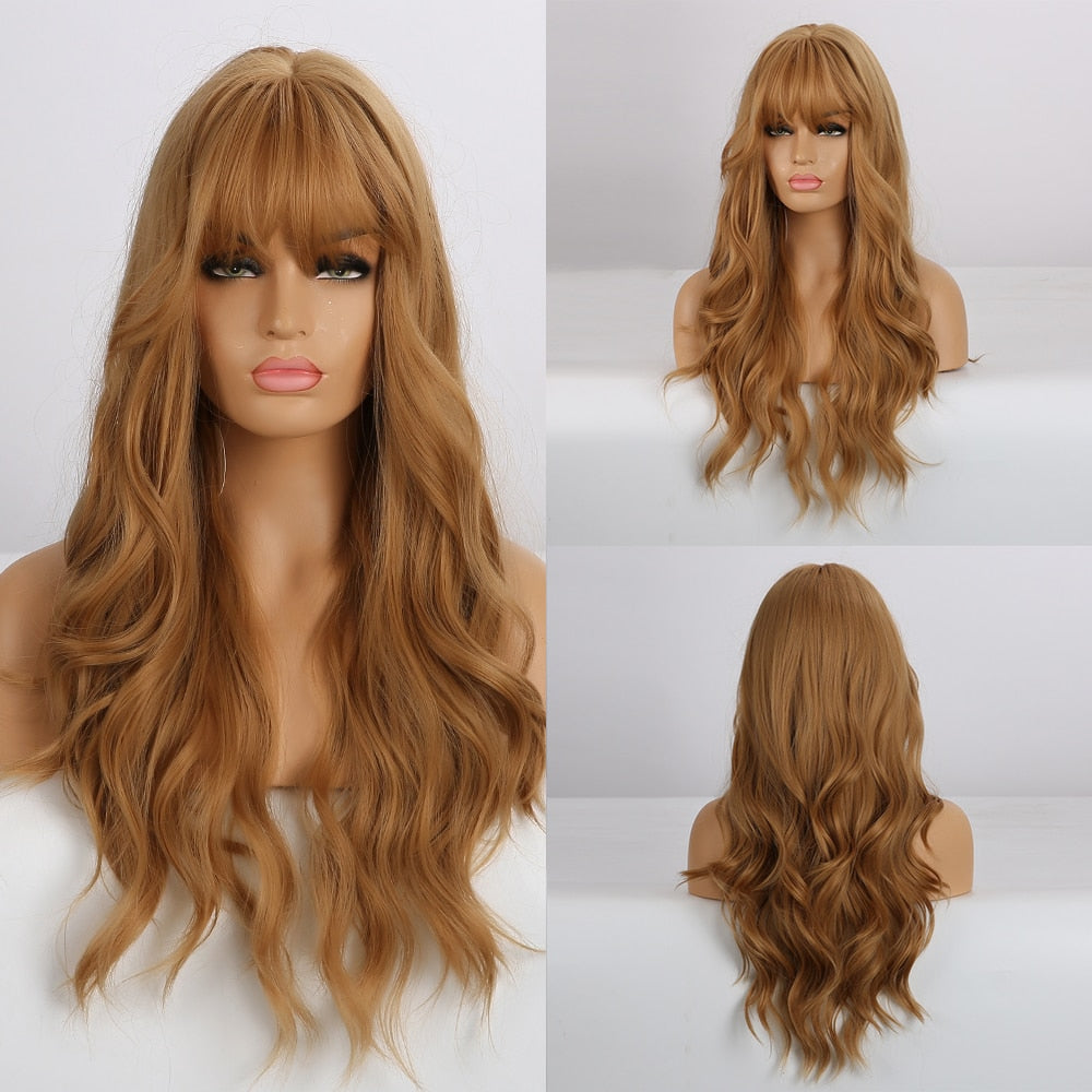 Synthetic Long Wavy Dark Brown Golden Highlight Wig Cosplay Wig with Bangs Heat Resistant