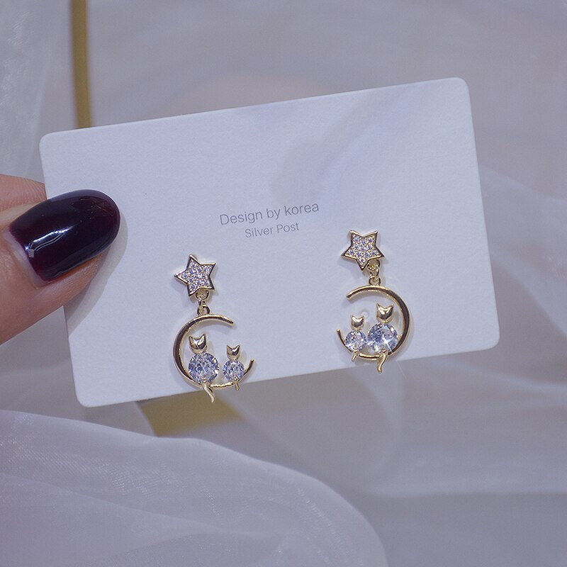 Cute Little Cat Shine Diamond Earring Zircon 14K Real Gold Stud Earring Daily Anniversary Star Jewelry Pendant