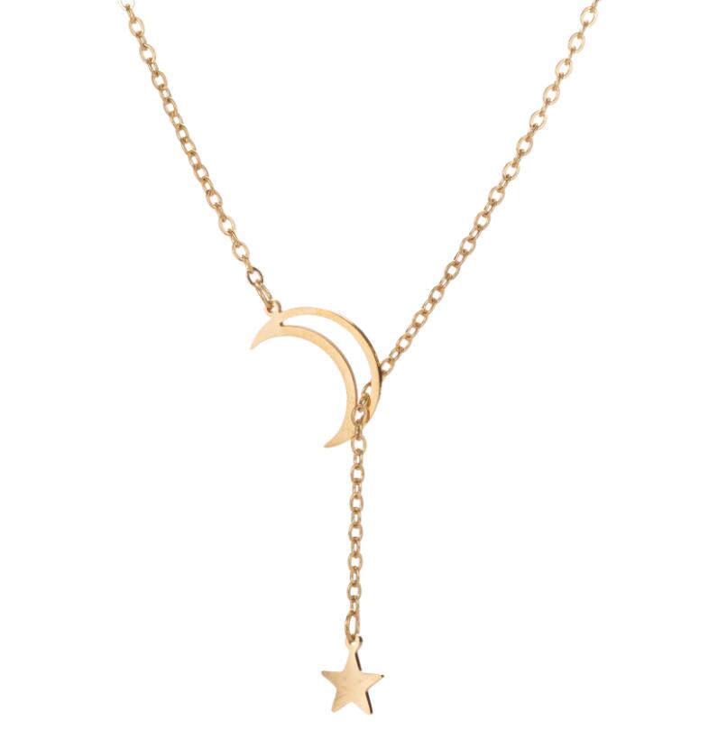 Simple Y Chain Hollow Moon Necklaces Jewelry Stainless Steel Crescent Moon Star Pendant Necklaces Rose Gold Choker
