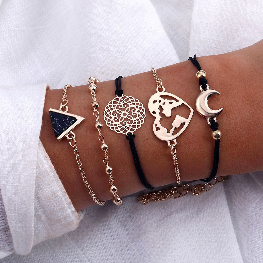 4Pcs/Set Geometric Crystal Charm Bracelets for Women Leaf Bangles Bracelets Set Wrist Chain Boho Bracelet