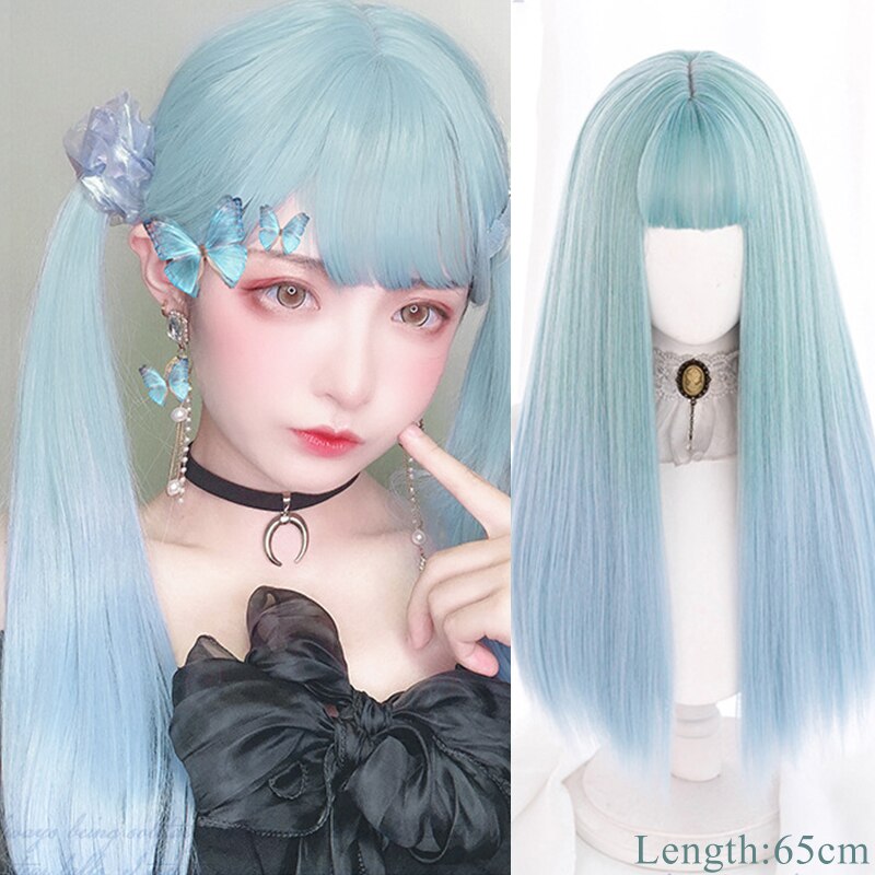 Synthetic Hair Black and Pink Wig Long Straight Hair Cosplay Lolita Wig Two Tone Ombre Color Women Heat Resistant Wigs