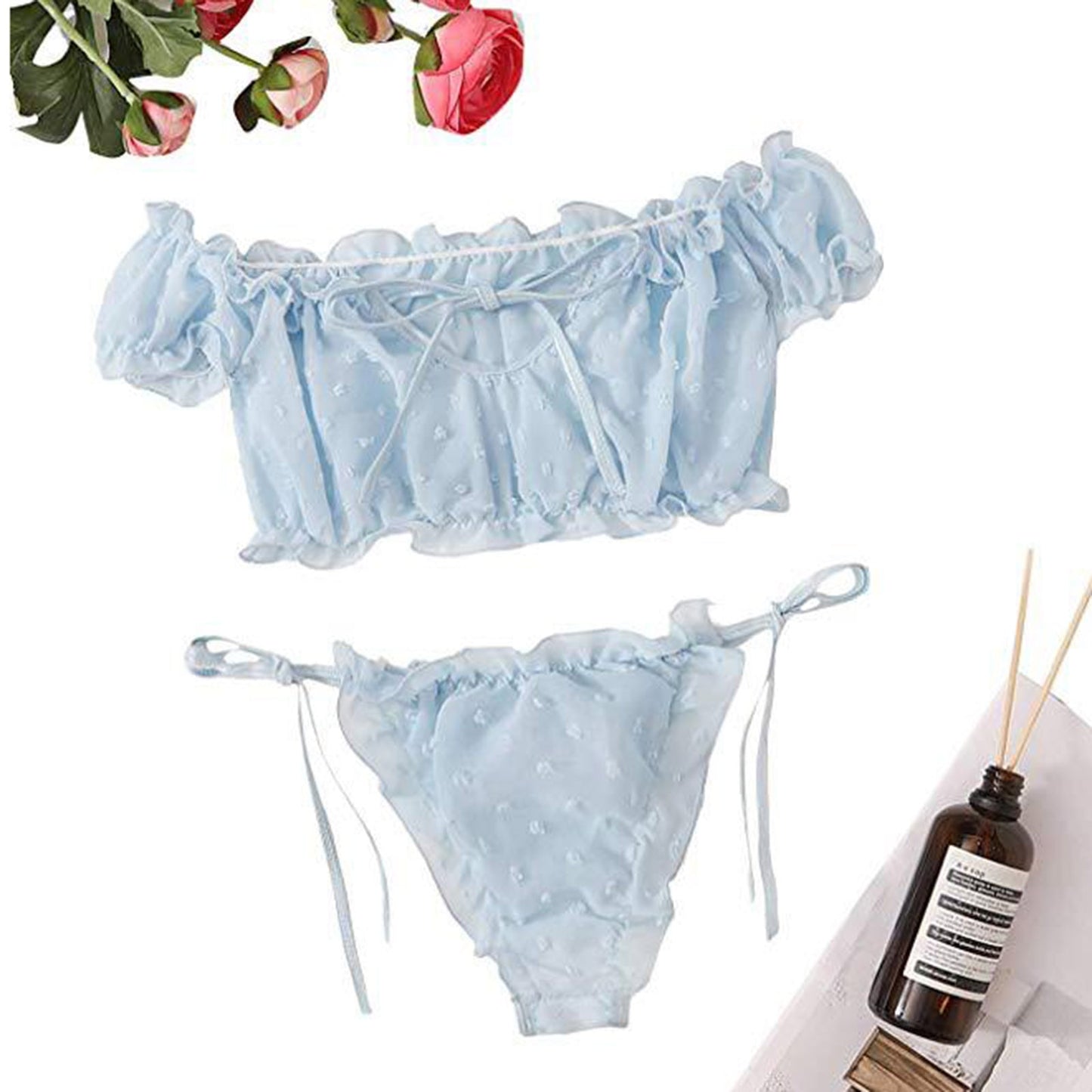 Sexy Lingerie Set Erotic Women Ruffle Lace Bowknot Strapless Bra Thong Set Sleepwear Pajamas Lingerie Seamless Panties Thong