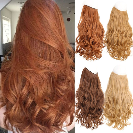 Synthetic Natural Invisible Hairline Fish Line Hair Extension Ladies No Clip Wavy Hair Extension Wavy Wig Piece