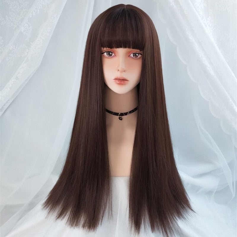 Cosplay Wig With Bangs Synthetic Straight Hair 24 Inch Long Heat-Resistant Pink Wig