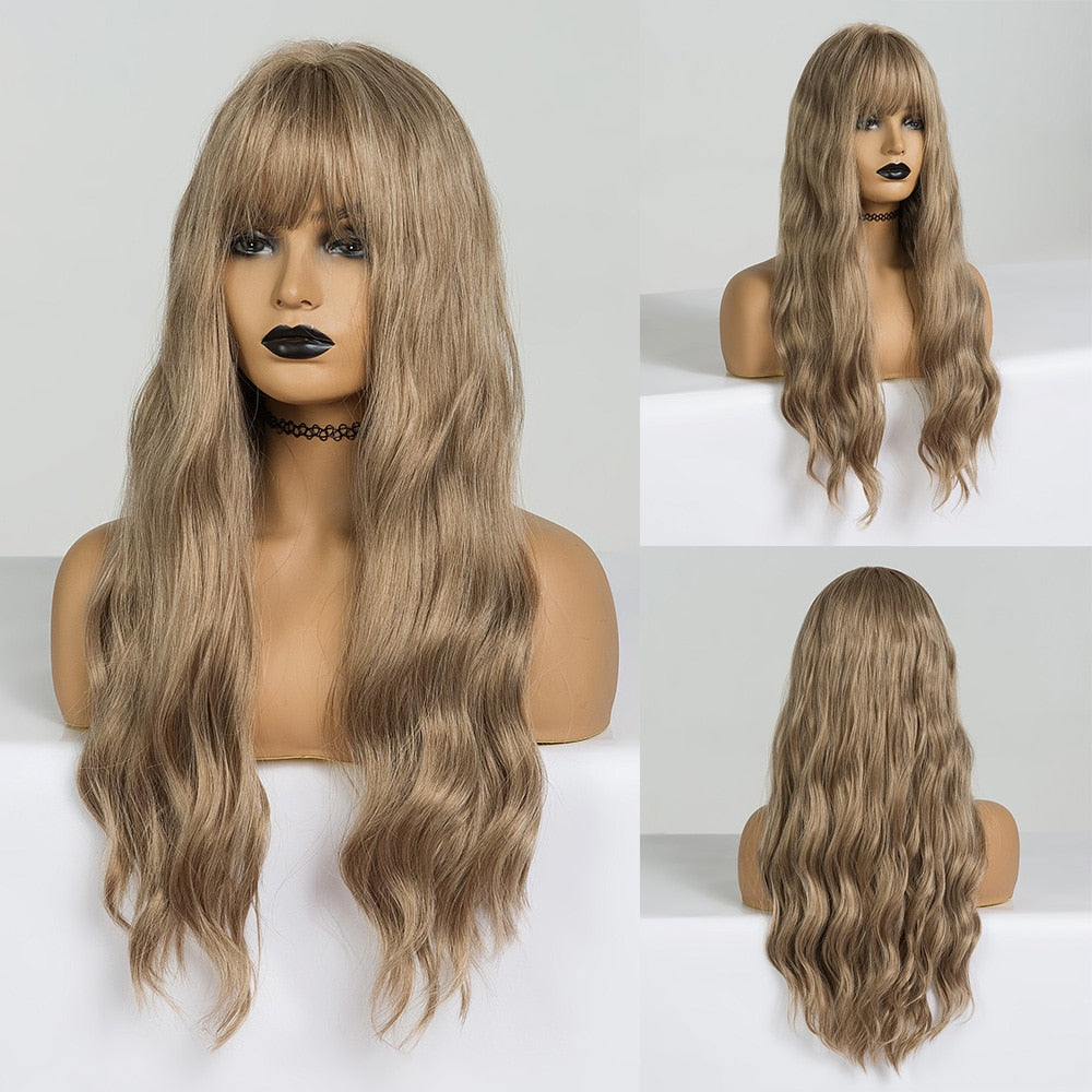 Synthetic Long Wavy Dark Brown Golden Highlight Wig Cosplay Wig with Bangs Heat Resistant