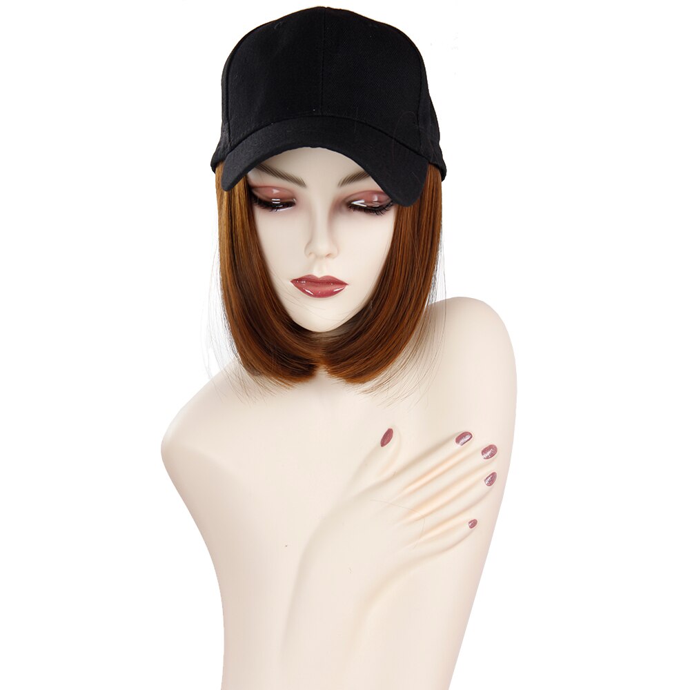 Baseball Cap Short Wigs Heat Resistant Fiber Black Hair Wig With Hat Peruca Synthetic Bob Wig Curly Wig