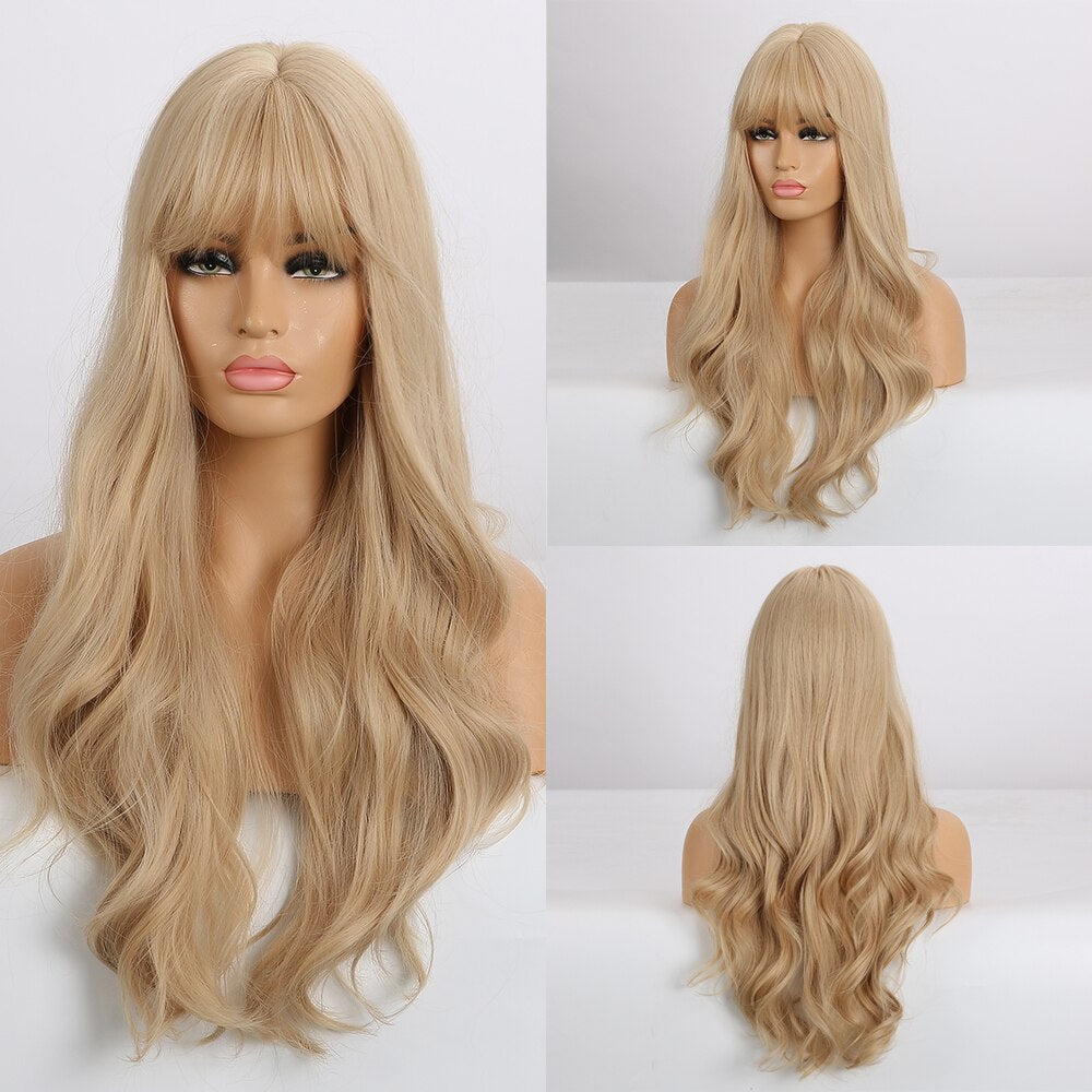 Synthetic Long Wavy Dark Brown Golden Highlight Wig Cosplay Wig with Bangs Heat Resistant
