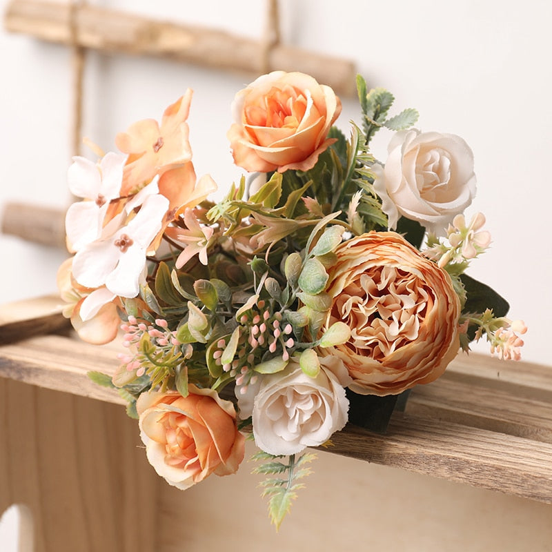 White Silk Artificial Roses Flowers Wedding Home Autumn Decoration High Quality Big Bouquet Luxury Fake Flower Arrangement Bulk