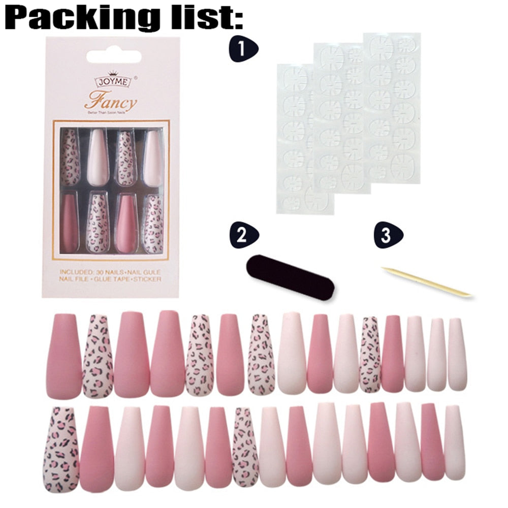 24/30Pcs Pink Leopard Designs False Nails French Long Coffin Fake Nail Artificial Full Cover Nail Art Tips Press on Nail