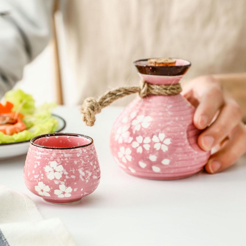 Japan Cherry Blossoms Ceramics Liquor Cup Retro Sake Cup Household Wine Set Small Wine Cellar Liquor Pot Wine Bottle