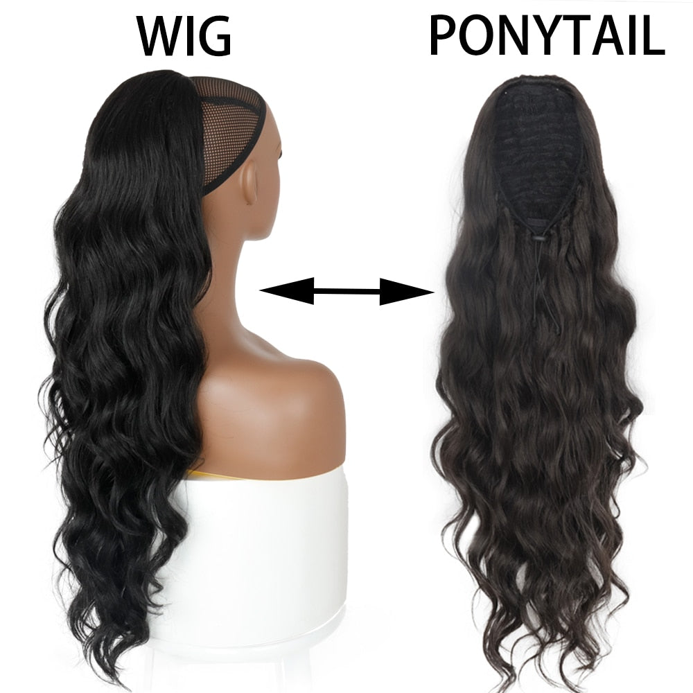 Synthetic Ponytail Extension Long Black Drawstring Wavy Ponytail Hair for Women Body Wavy Ponytail