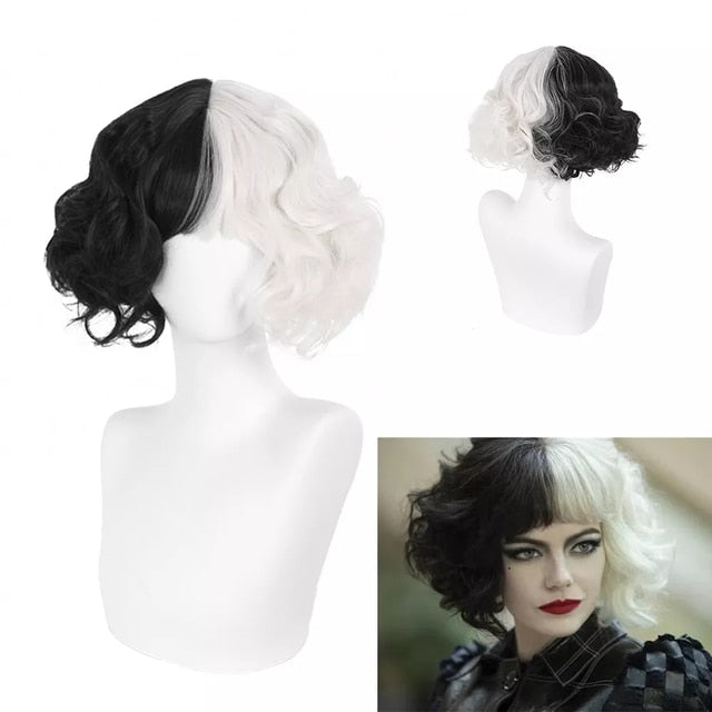 Anime Cruella De Vil Short Cruly Half Black And Half White Wavy Band Bangs Ladies Cosplay Wig Synthetic Halloween Wig + Wig Cap