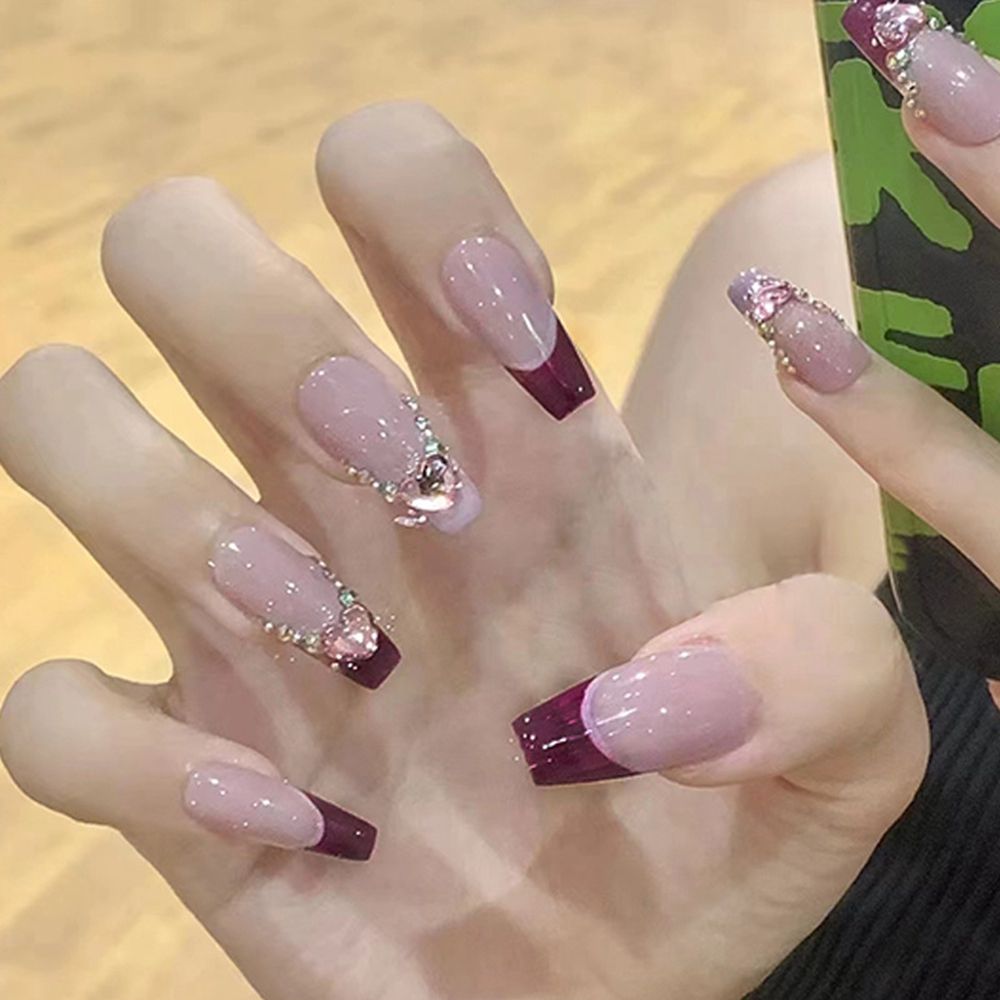 24pcs/Box Glitter Coffin False Nails Pink/White Heart Design French Ballerina Fake Nails Full Cover Nail Tips Press On Nails