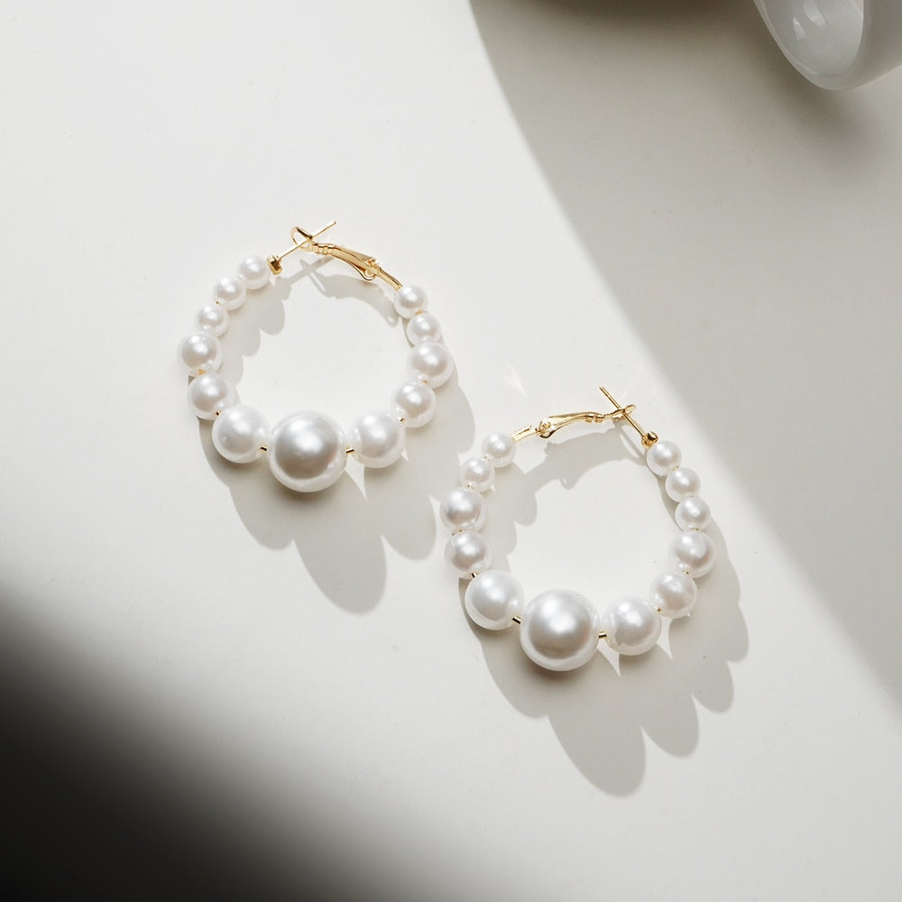 White Boho Imitation Pearl Round Circle Hoop Earrings Gold Color Big Earrings