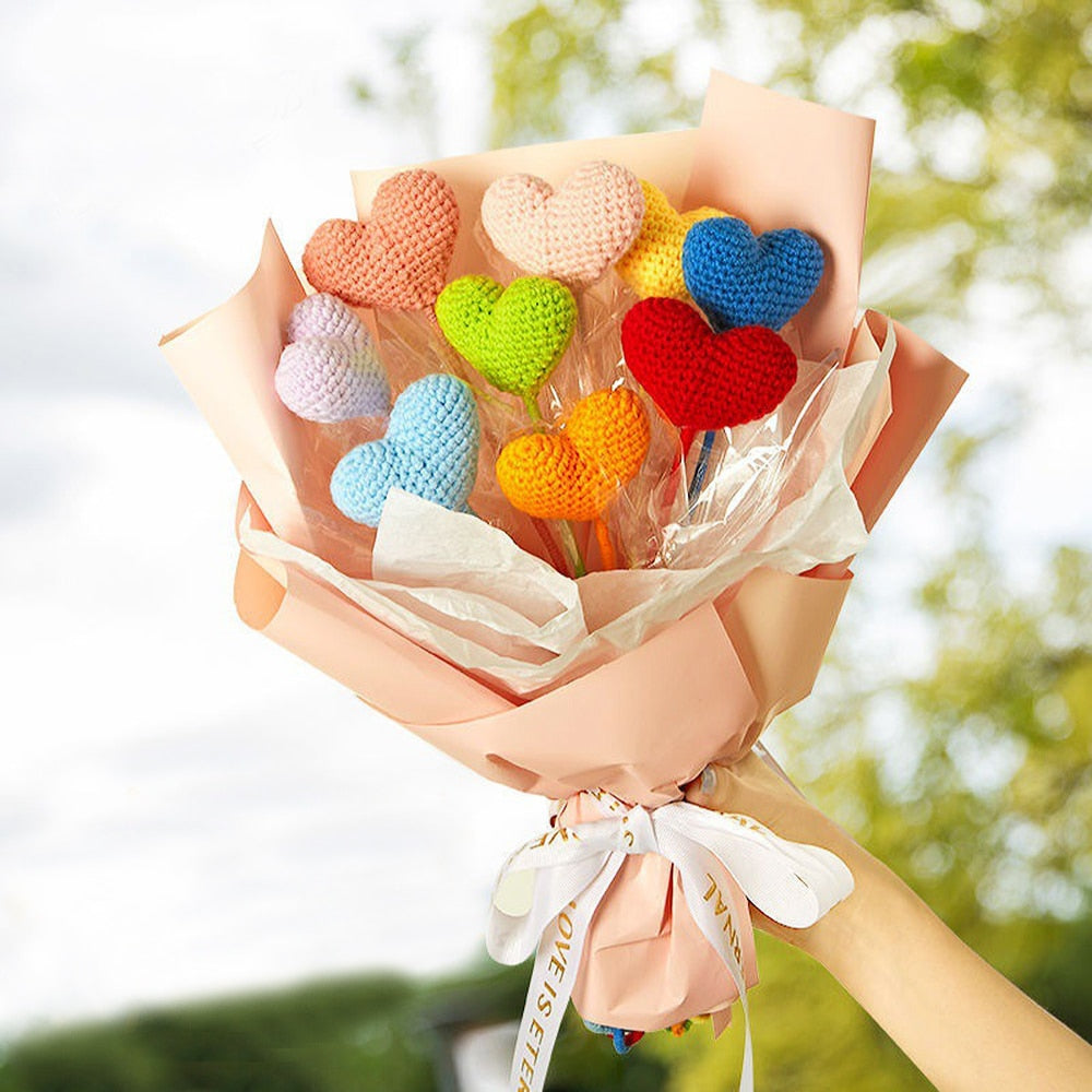 8pcs/Lot Hand-knitted Yarn Crochet LOVE Heart Shape Artificial Flowers Bouquet For Home Decorations Handicrafts Gift