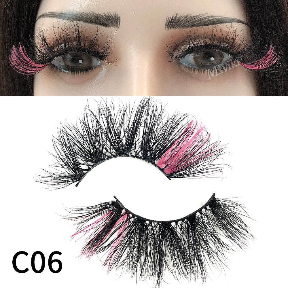 Fluffy 25MM Mink Eyelashes Colored Lashes With Glitter Pink White Red Blue 5D Lashes