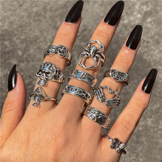 Punk Gothic Heart Ring Set Black Dice Vintage Spades Ace Silver Plated Retro Rhinestone Charm Billiards Finger Jewelry