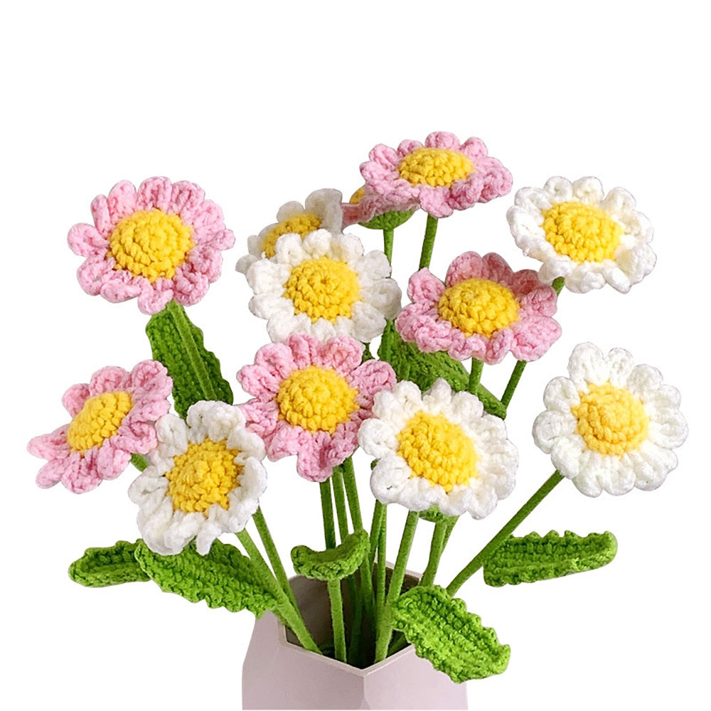 Hand-Knitted Daisy Bouquet Handmade Crochet Fake Flowers Knit Chamomile Flower Finished Decoration Home Decorative