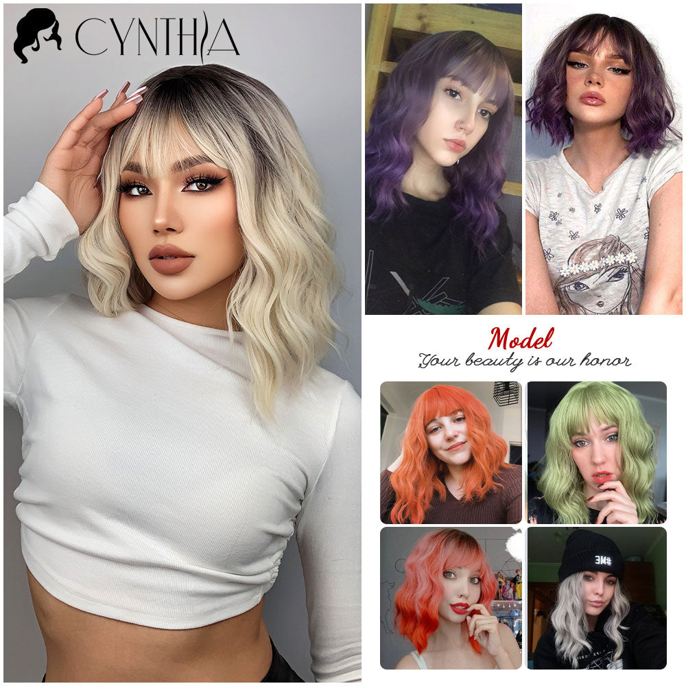 Purple Ombre Short Bob Body Wave Synthetic Wigs For Women Cosplay Wig With Bangs White Synthet Natural Hair Lolita Pelucas