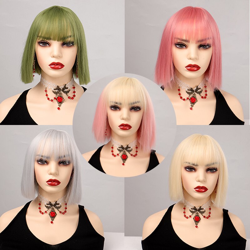 Synthetic Short Water Wave Cosplay Bob Wig with Bangs Heat-resistant Fiber Lolita Wigs For Women Daily Wear