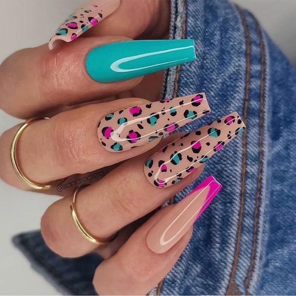 24pcs/Box Glitter Coffin False Nails Pink/White Heart Design French Ballerina Fake Nails Full Cover Nail Tips Press On Nails