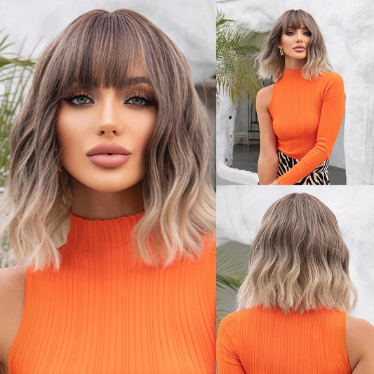 Grey Wavy Bob Wigs With Bangs Short Blonde Wavy Bob With Dark Roots
